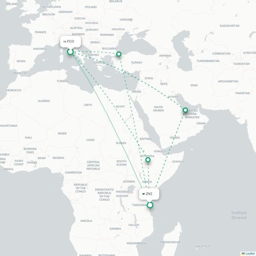 Mapa de vuelo directo Roma - Zanzíbar