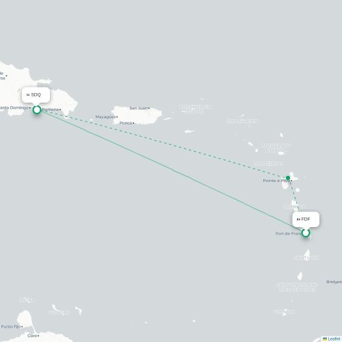 Mapa lotu bezpośredniego Fort-de-France – Santo Domingo