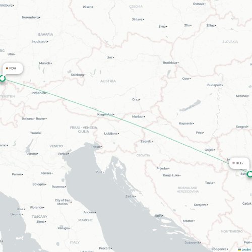 Mapa de vuelo directo Friedrichshafen - Belgrado