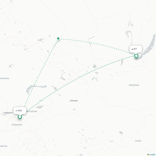 Mapa de vuelo directo Ferganá - Irkutsk