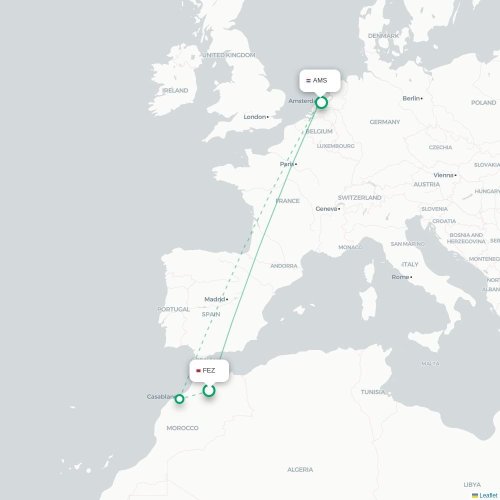 Mapa de vuelo directo Fez - Ámsterdam