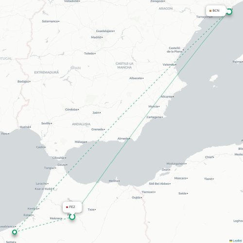 Mapa de vuelo directo Fez - Barcelona