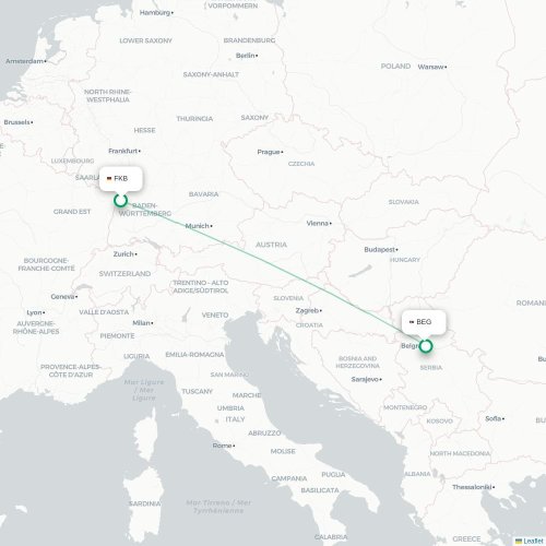 Mapa de vuelo directo Karlsruhe - Belgrado