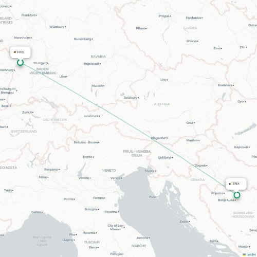 Mapa de vuelo directo Karlsruhe - Bania Luka