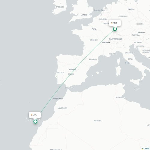 Mapa de vuelo directo Karlsruhe - Las Palmas de Gran Canaria