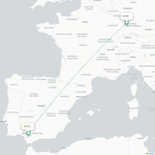 Mapa de vuelo directo Karlsruhe - Sevilla