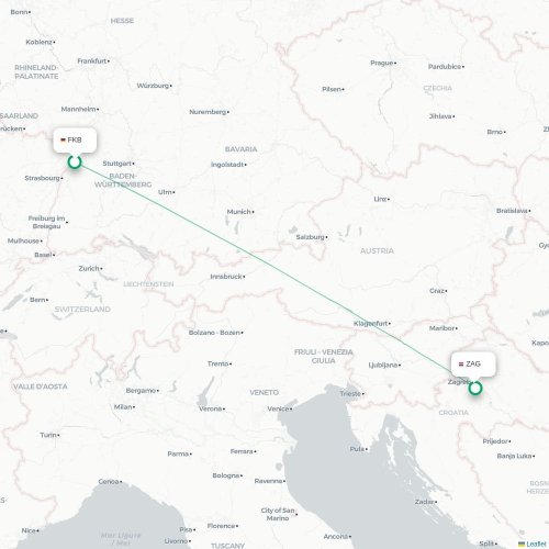 Mapa de vuelo directo Karlsruhe - Zagreb