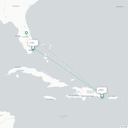 Mapa lotu bezpośredniego Fort Lauderdale – Punta Cana