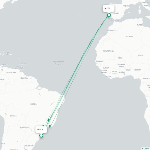 Mapa lotu bezpośredniego Florianópolis – Lizbona