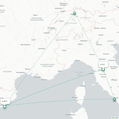 Mapa de vuelo directo Florencia - Barcelona