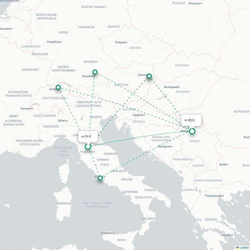 Mapa de vuelo directo Florencia - Belgrado
