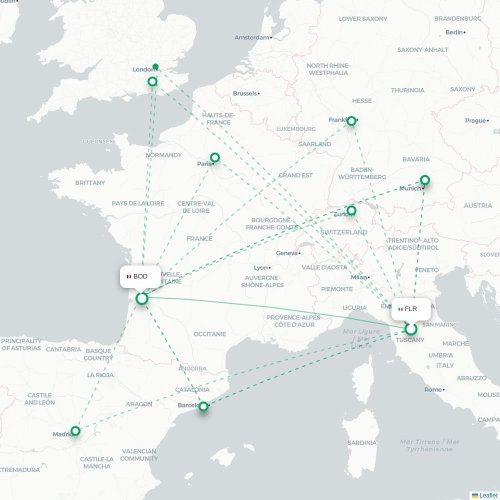 Mapa de vuelo directo Florencia - Burdeos