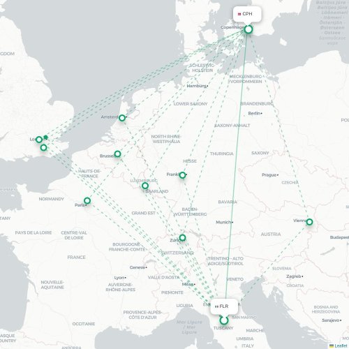 Mapa lotu bezpośredniego Florencja – Kopenhaga