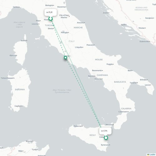 Mapa de vuelo directo Florencia - Catania