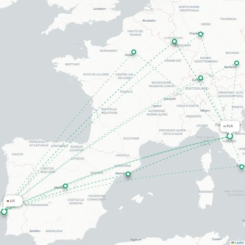 Mapa lotu bezpośredniego Florencja – Lizbona
