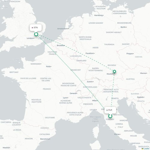 Mapa de vuelo directo Florencia - Londres
