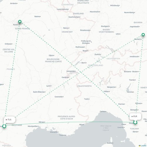 Mapa de vuelo directo Florencia - Toulouse