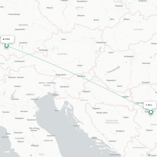 Mapa de vuelo directo Memmingen - Belgrado