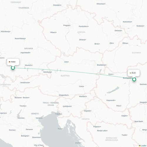 Mapa de vuelo directo Memmingen - Budapest