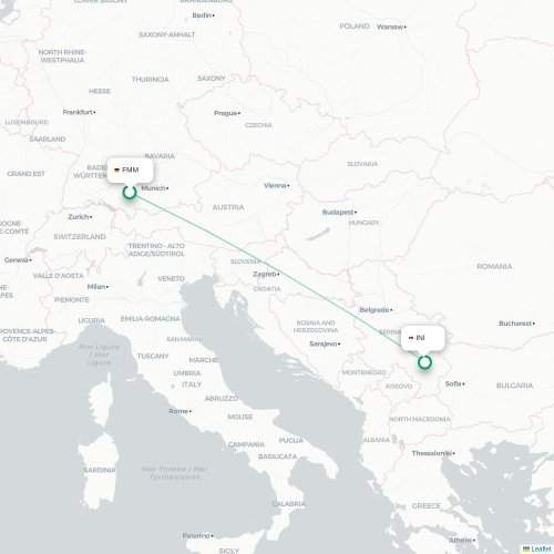 Mapa de vuelo directo Memmingen - Niš
