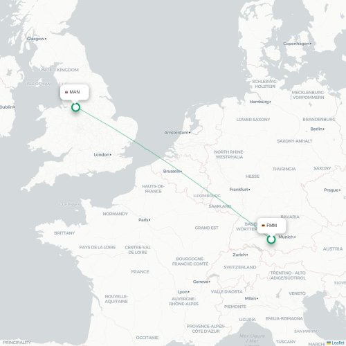 Mapa de vuelo directo Memmingen - Mánchester
