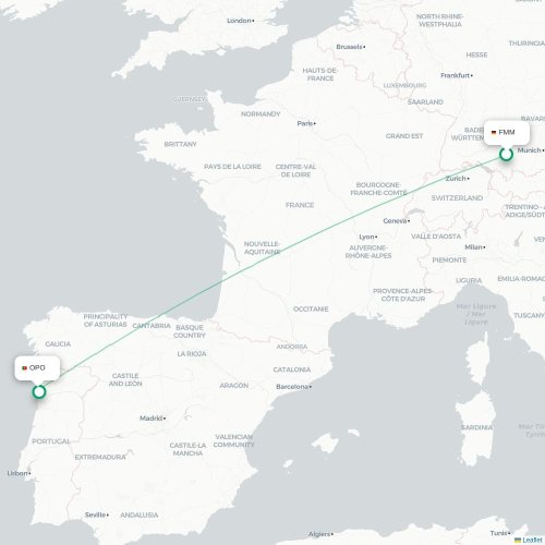 Memmingen - Porto karta över direktflyg