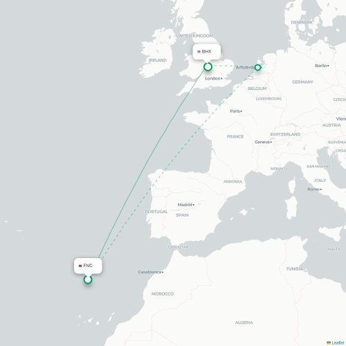 Funchal - Birmingham karta över direktflyg