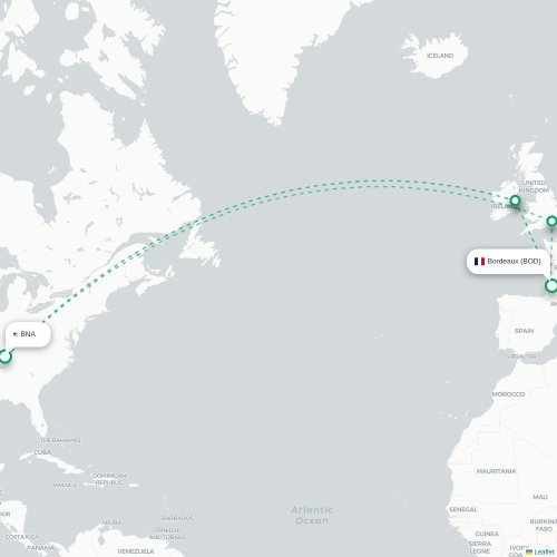 Mapa de vuelo directo Funchal - Burdeos