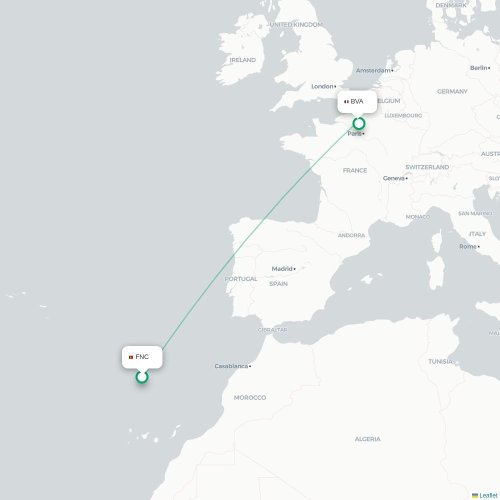 Mapa de vuelo directo Funchal - París