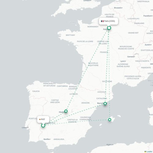 Mapa de vuelo directo Funchal - París