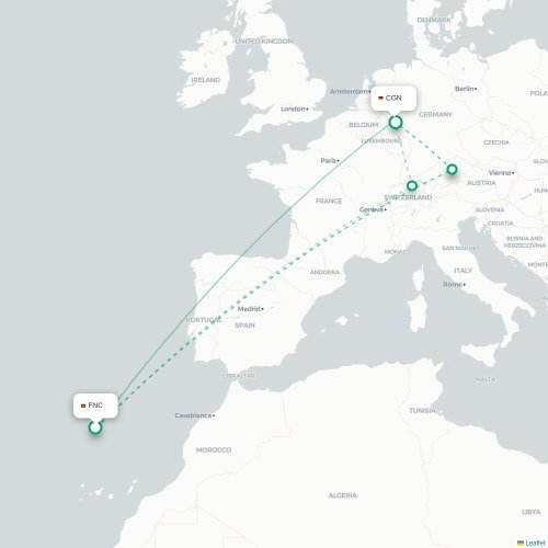 Mapa de vuelo directo Funchal - Colonia