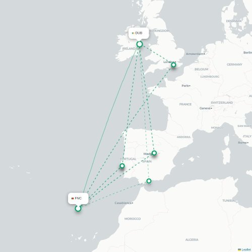 Mapa lotu bezpośredniego Funchal – Dublin