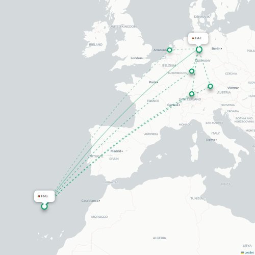 Funchal - Hanover karta över direktflyg