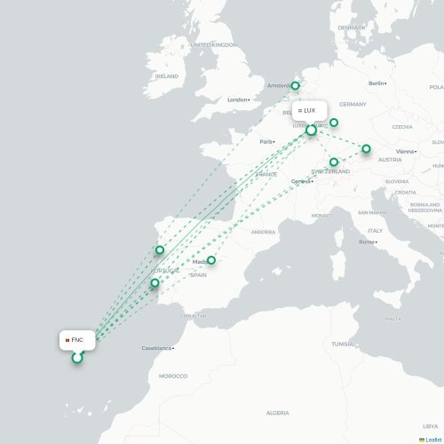 Mapa de vuelo directo Funchal - Luxemburgo