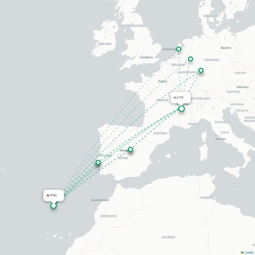 Mapa de vuelo directo Funchal - Lyon