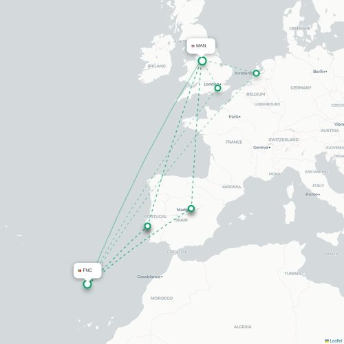 Funchal - Manchester karta över direktflyg