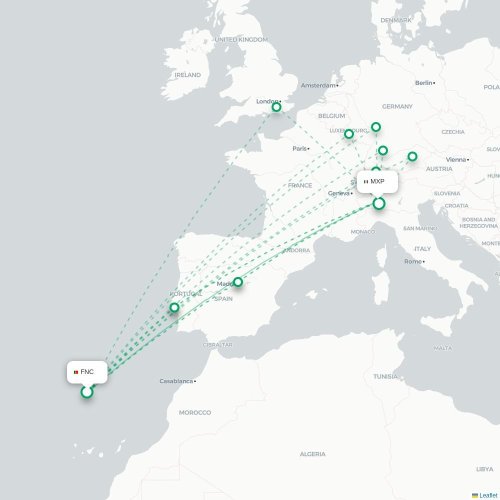 Mapa lotu bezpośredniego Funchal – Mediolan