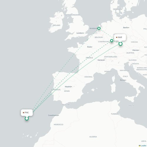 Funchal - Nuremberg karta över direktflyg