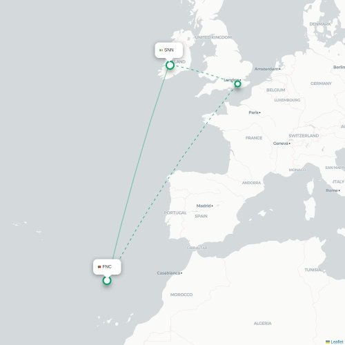 Mapa lotu bezpośredniego Funchal – Shannon