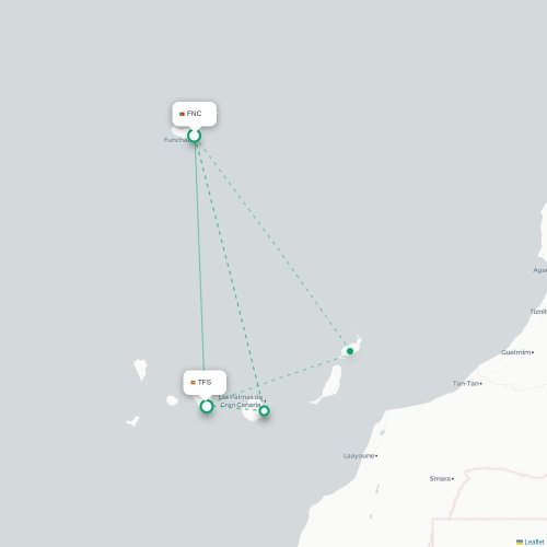 Mapa de vuelo directo Funchal - Granadilla de Abona