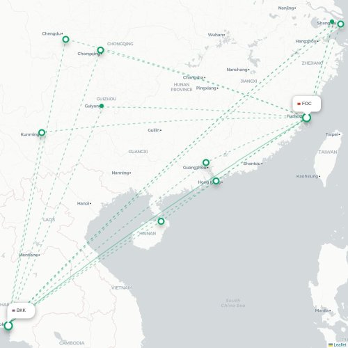 Mapa lotu bezpośredniego Fuzhou – Bangkok