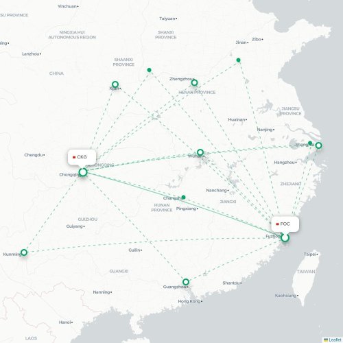 Mapa de vuelo directo Fuzhou - Chongqing
