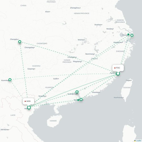 Mapa lotu bezpośredniego Fuzhou – Hanoi