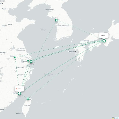 Mapa lotu bezpośredniego Fuzhou – Osaka