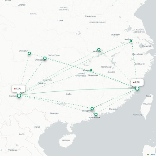 Fuzhou - Kunming kort over direkte fly