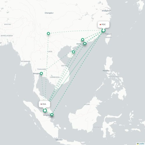Mapa lotu bezpośredniego Fuzhou – Kuala Lumpur