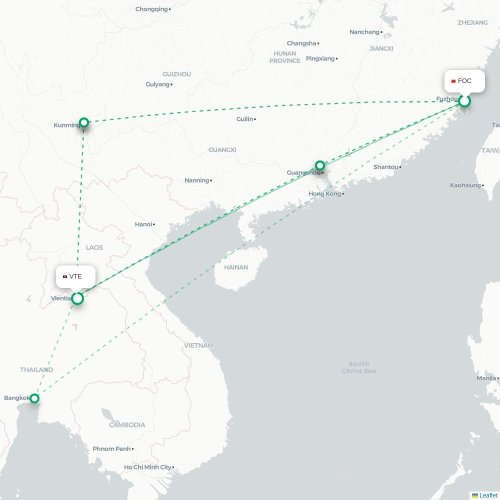 Mapa lotu bezpośredniego Fuzhou – Wientian