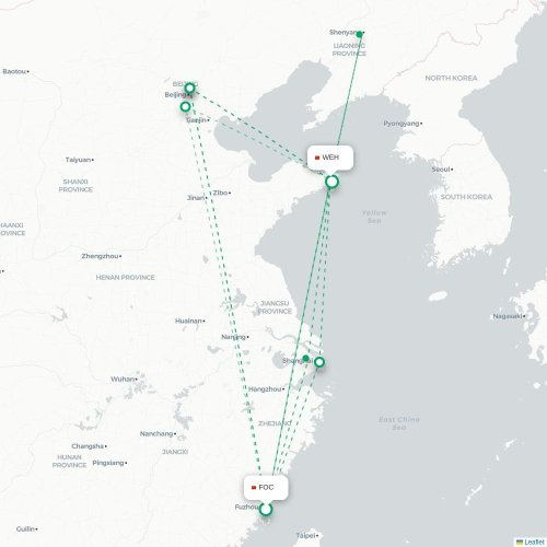 Mapa lotu bezpośredniego Fuzhou – Weihai