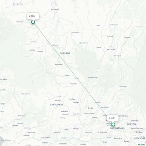 Mapa de vuelo directo La Fortuna - San José