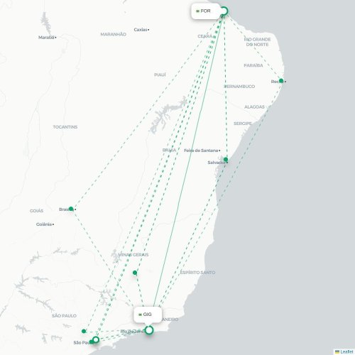 Mapa de vuelo directo Fortaleza - Río de Janeiro
